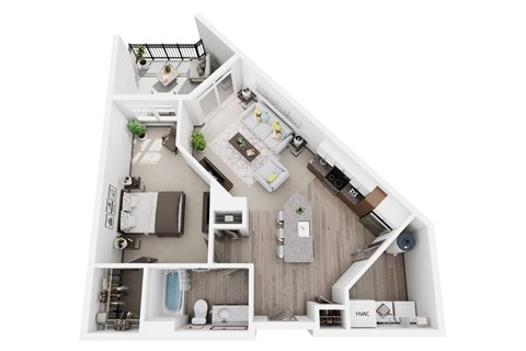 Floor plan for 1 bed, 1 bath, 738 sqft